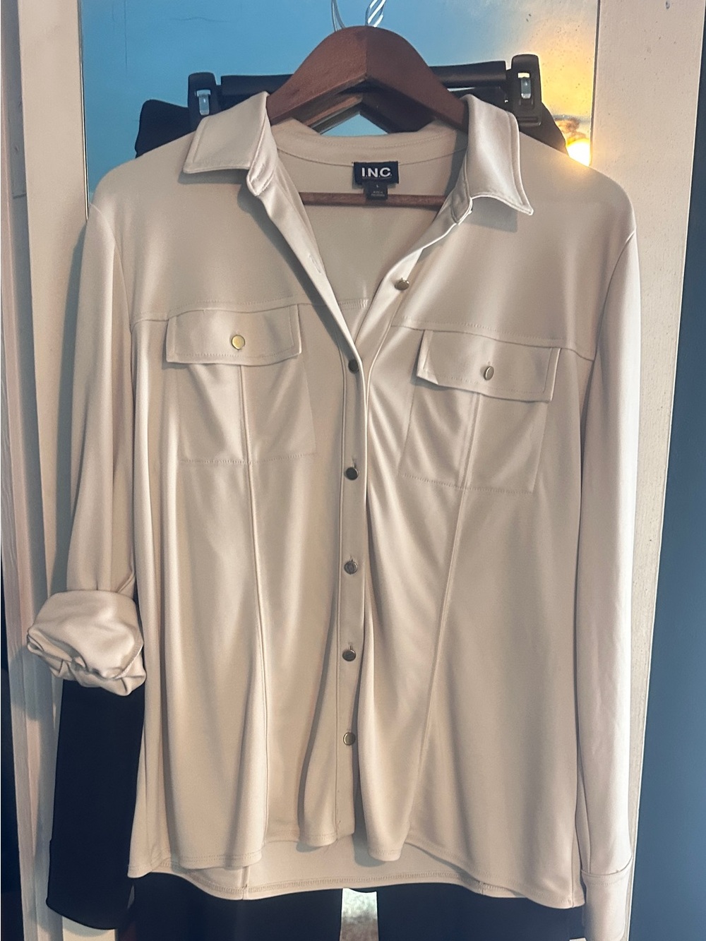 INC International Concepts Light Cream Snap-Front Shirt